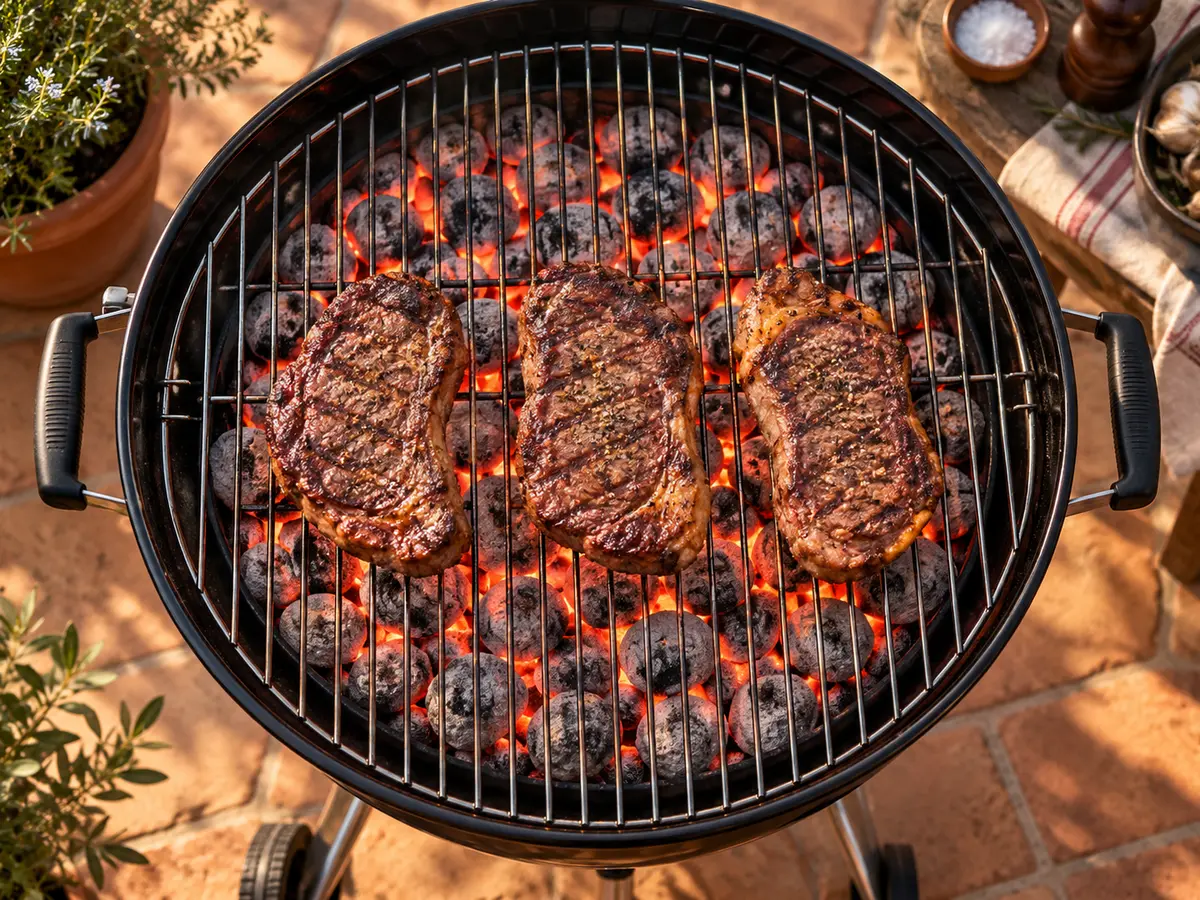 Charbon réparti sous toute la grille pour une cuisson directe de steaks