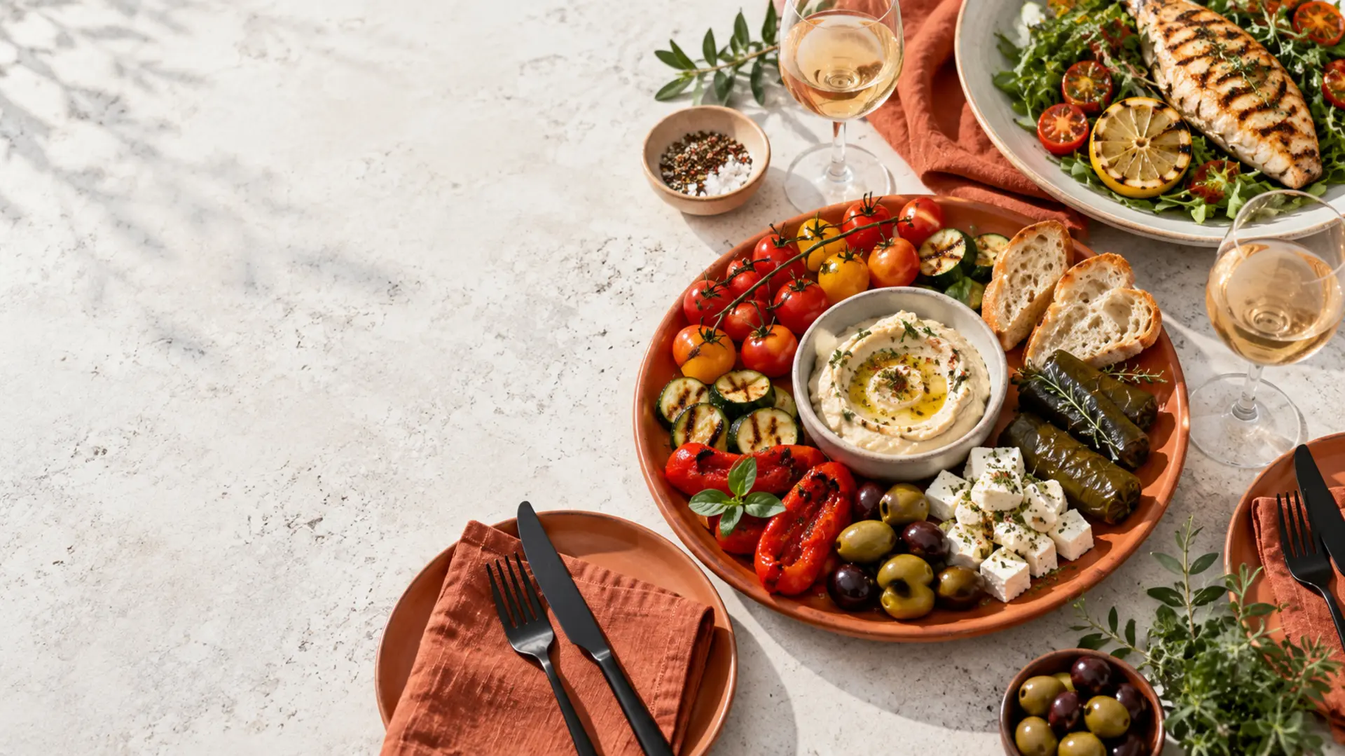 Table estivale garnie de mezzés, légumes et plats à partager
